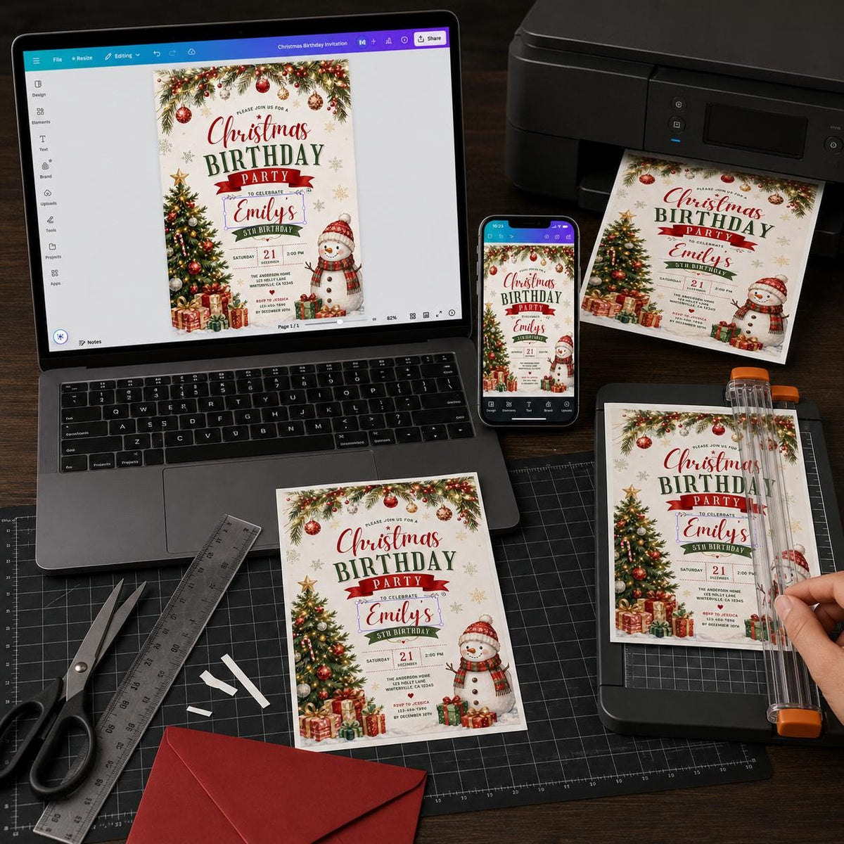 Red and Green Christmas 5th Birthday Invitation for Girls — print-ready 5th birthday party design from VoltBy