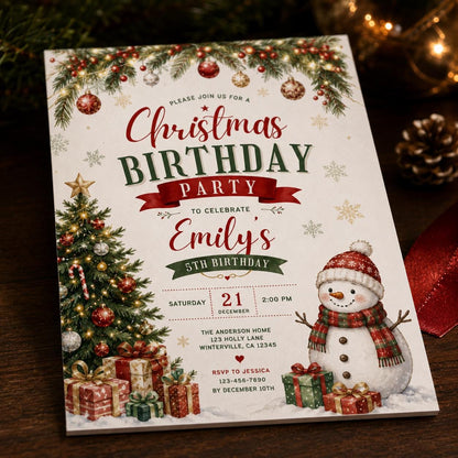 Red and Green Christmas 5th Birthday Invitation for Girls — digital invitation, instant download