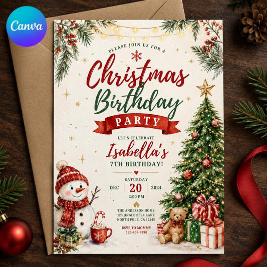 Red and Green Christmas 7th Birthday Invitation for Girls — editable Canva template