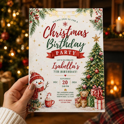 Red and Green Christmas 7th Birthday Invitation for Girls — invitation you personalize in Canva