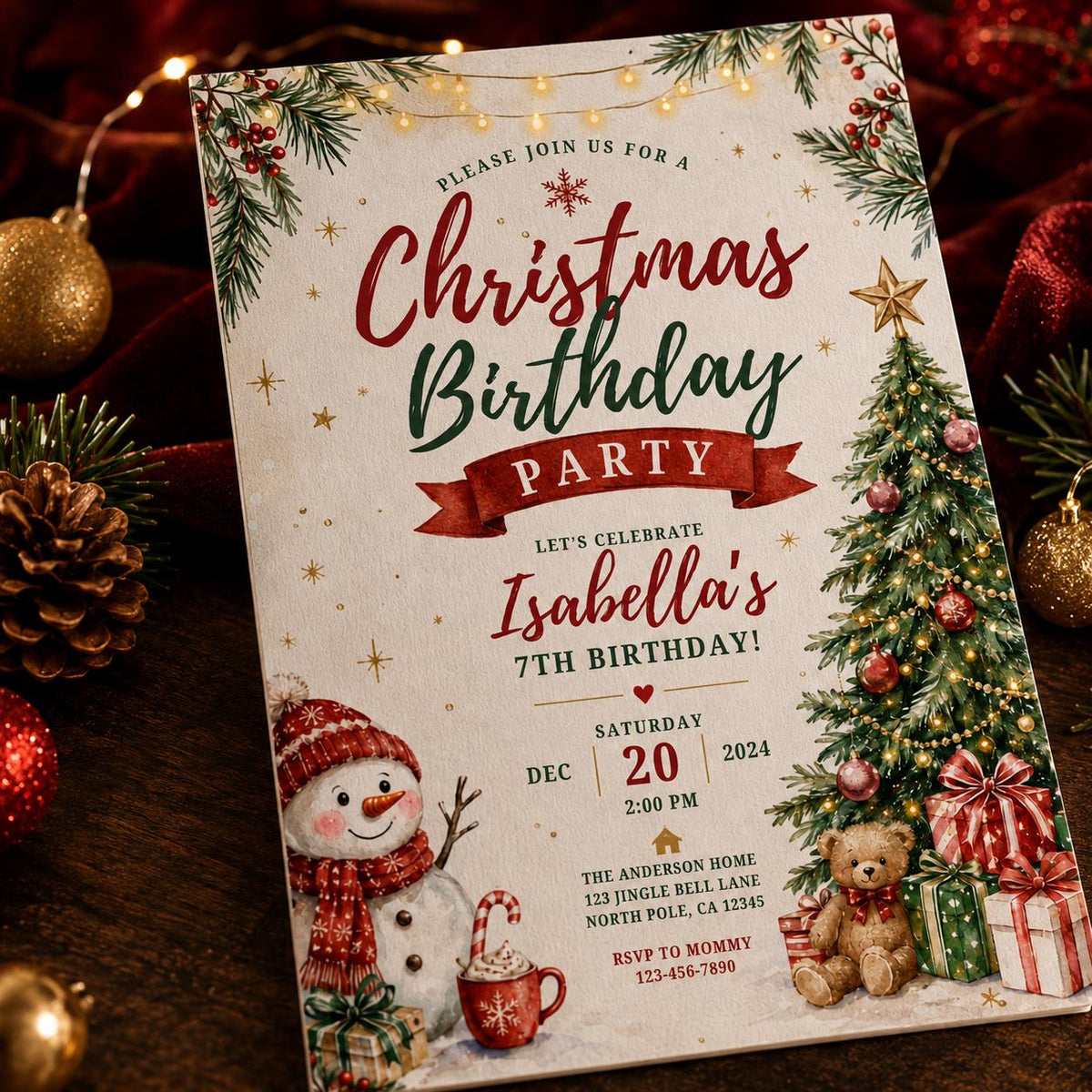 Red and Green Christmas 7th Birthday Invitation for Girls — digital invitation, instant download