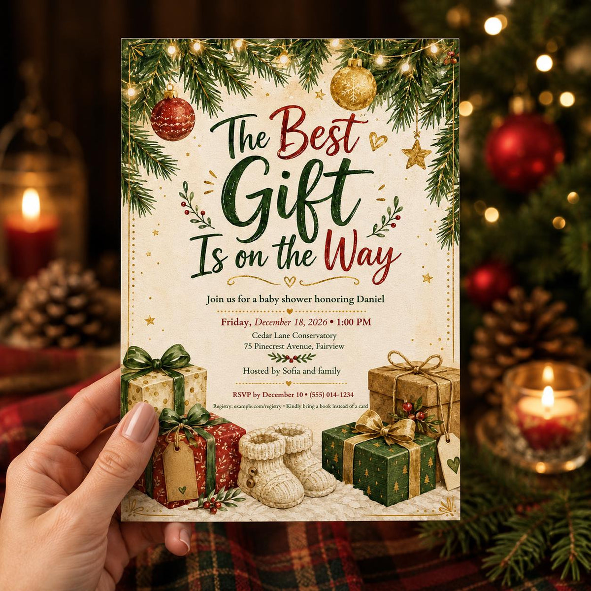 Red and Green Christmas Baby Shower Invitation: Holiday Winter — invitation you personalize in Canva