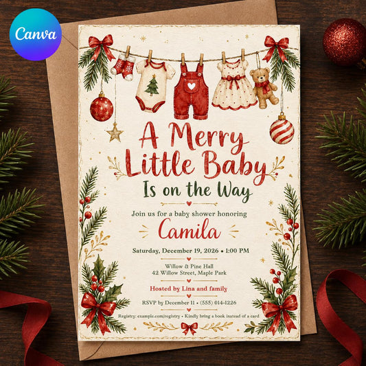 Red and Green Christmas Baby Shower Invitation: Merry Little Baby Holiday — editable Canva template