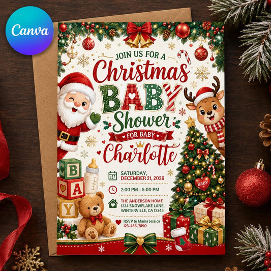 Red and Green Christmas Baby Shower Invitation: Santa Reindeer Holiday Baby — editable Canva template