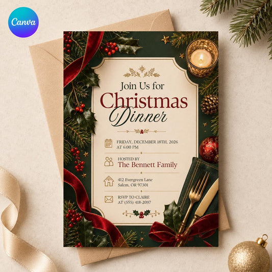 Red and Green Christmas Dinner Invitation — editable Canva template