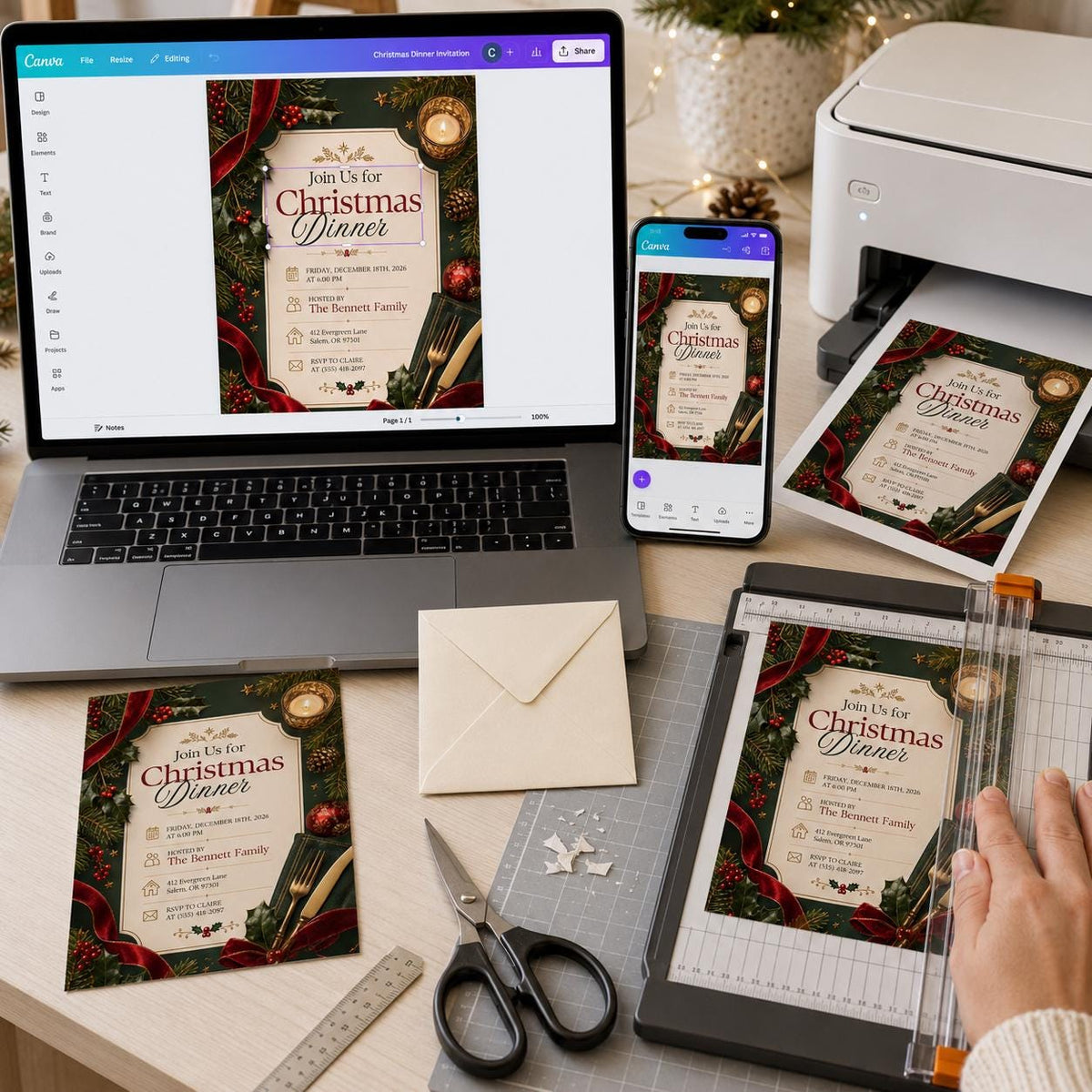 Red and Green Christmas Dinner Invitation in gold