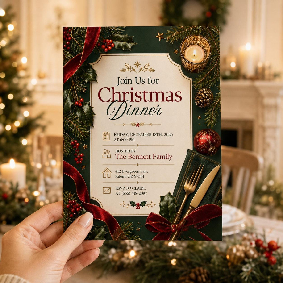 Red and Green Christmas Dinner Invitation — invitation you personalize in Canva