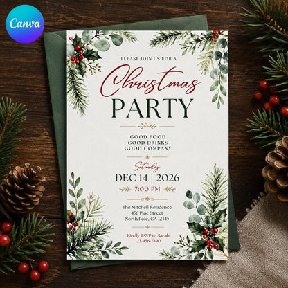Red and Green Christmas Party Invitation: Elegant Greenery Holiday Dinner — editable Canva template