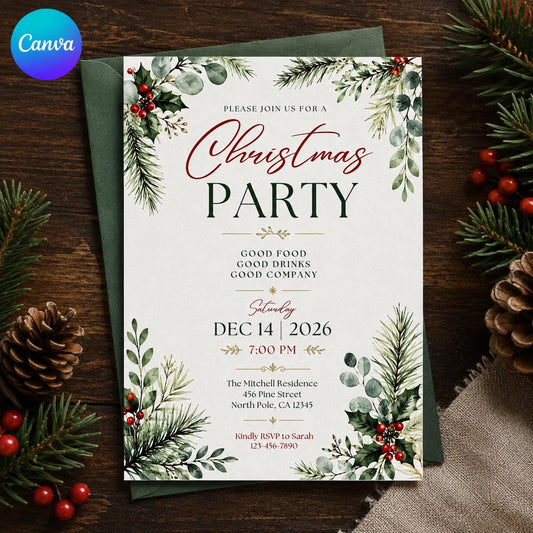 Red and Green Christmas Party Invitation: Elegant Greenery Holiday Dinner — editable Canva template
