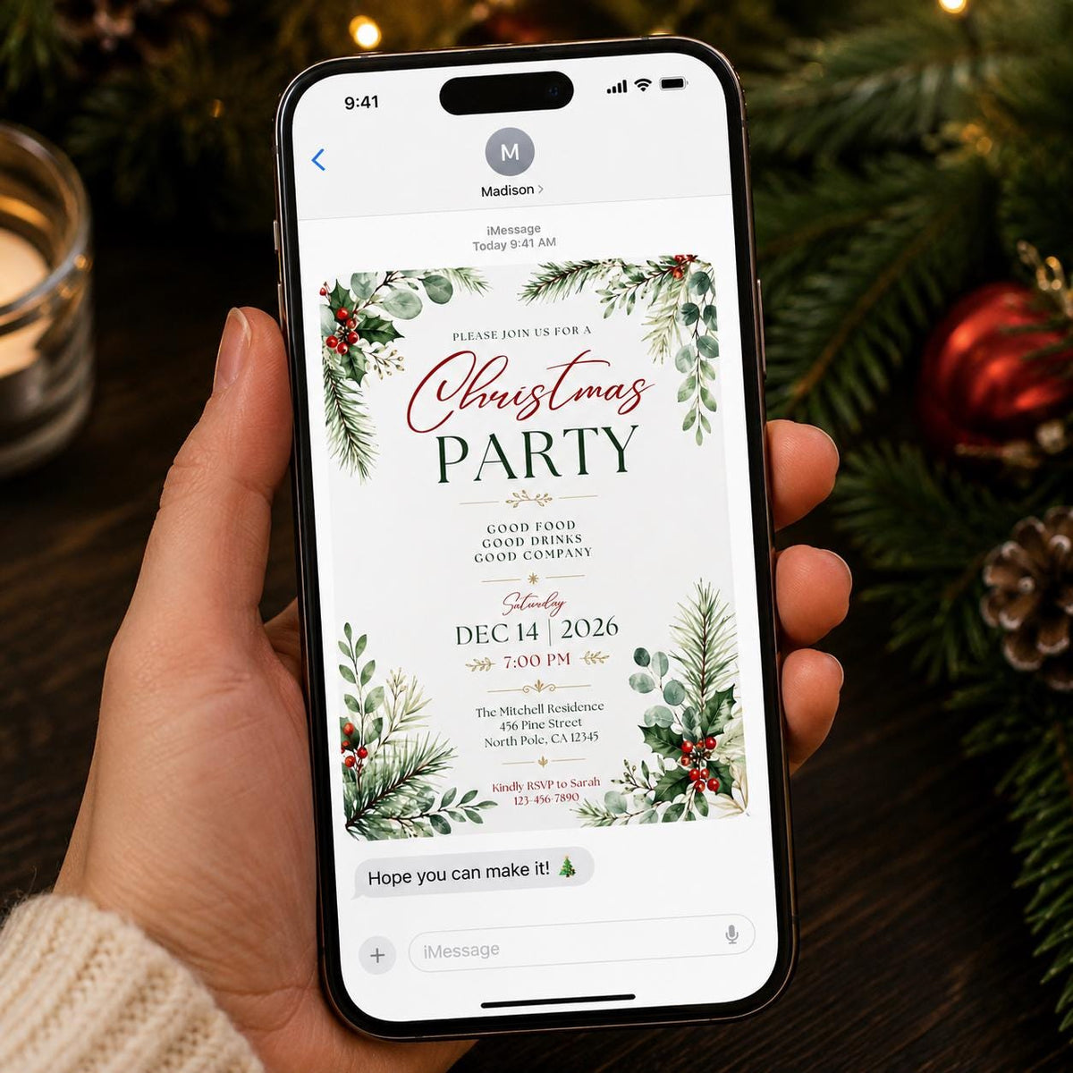 Red and Green Christmas Party Invitation: Elegant Greenery Holiday Dinner in gold
