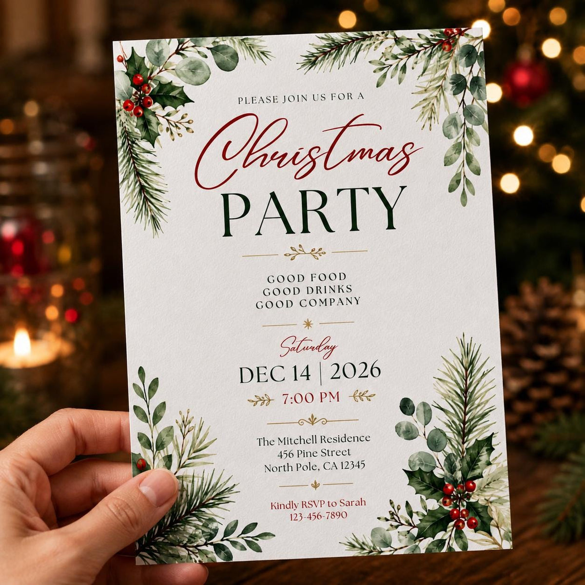 Red and Green Christmas Party Invitation: Elegant Greenery Holiday Dinner — invitation you personalize in Canva