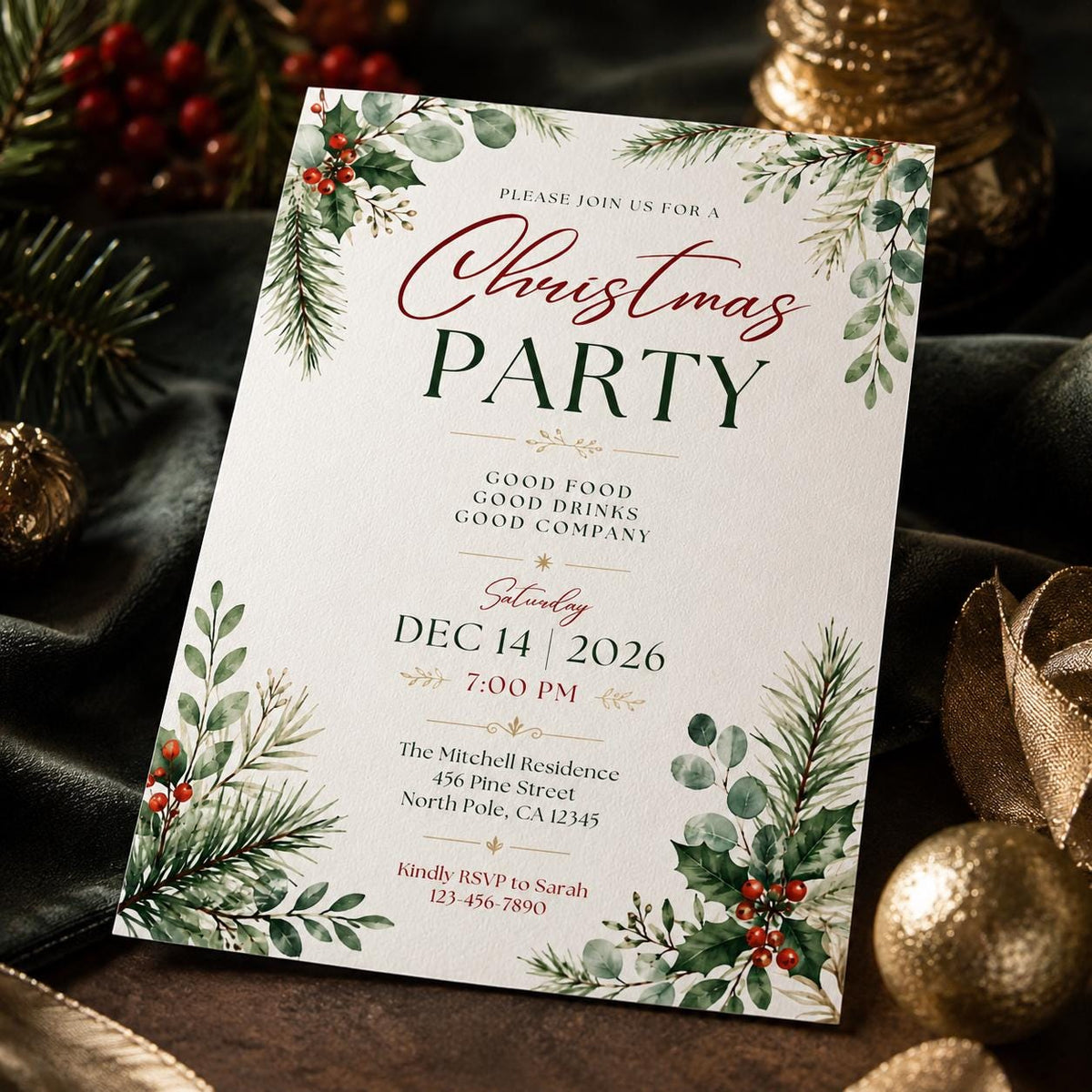 Red and Green Christmas Party Invitation: Elegant Greenery Holiday Dinner — digital invitation, instant download