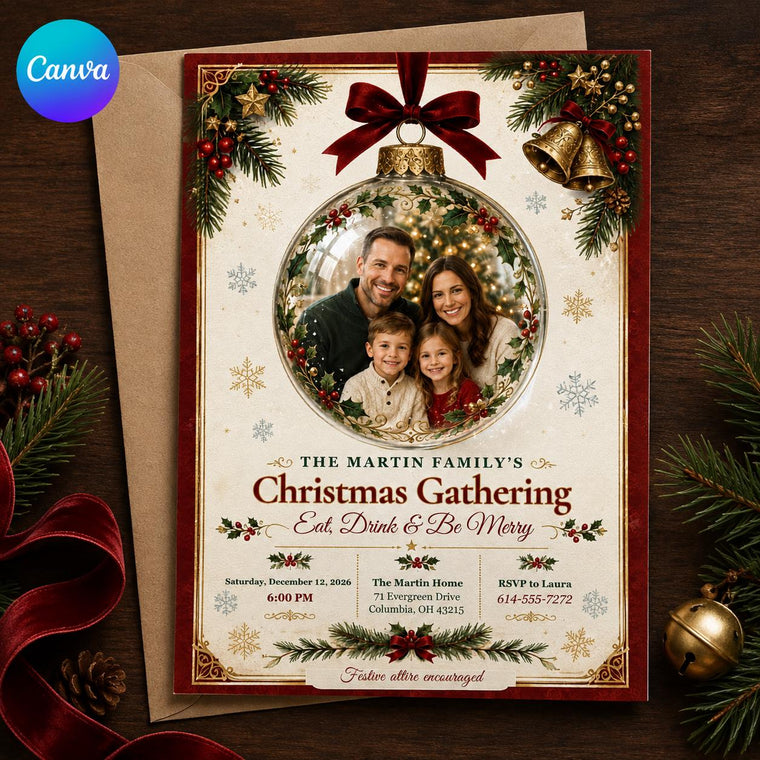 Red and Green Christmas Party Invitation: Family Holiday Gathering Photo Ornament