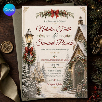 Red and Green Christmas Wedding Invitation — editable Canva template