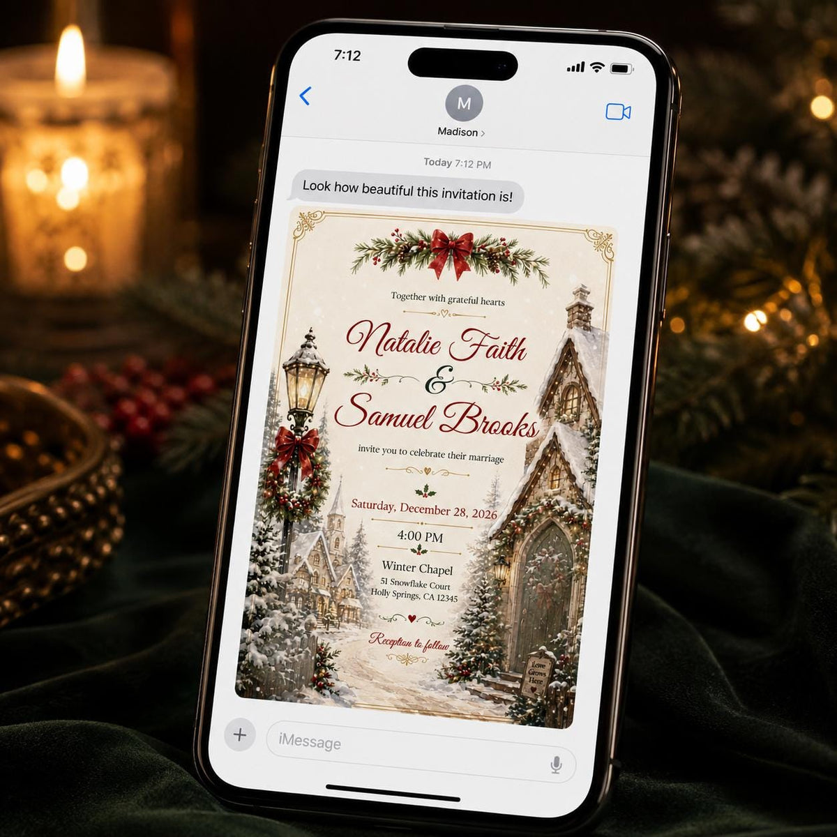 Red and Green Christmas Wedding Invitation — chapel design
