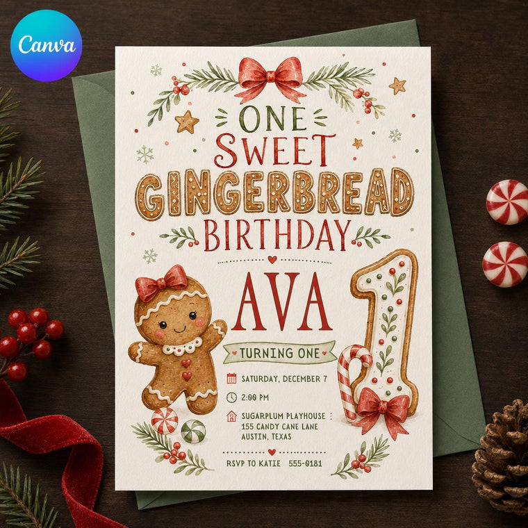 Red and Green Gingerbread First Birthday Invitation for Girls