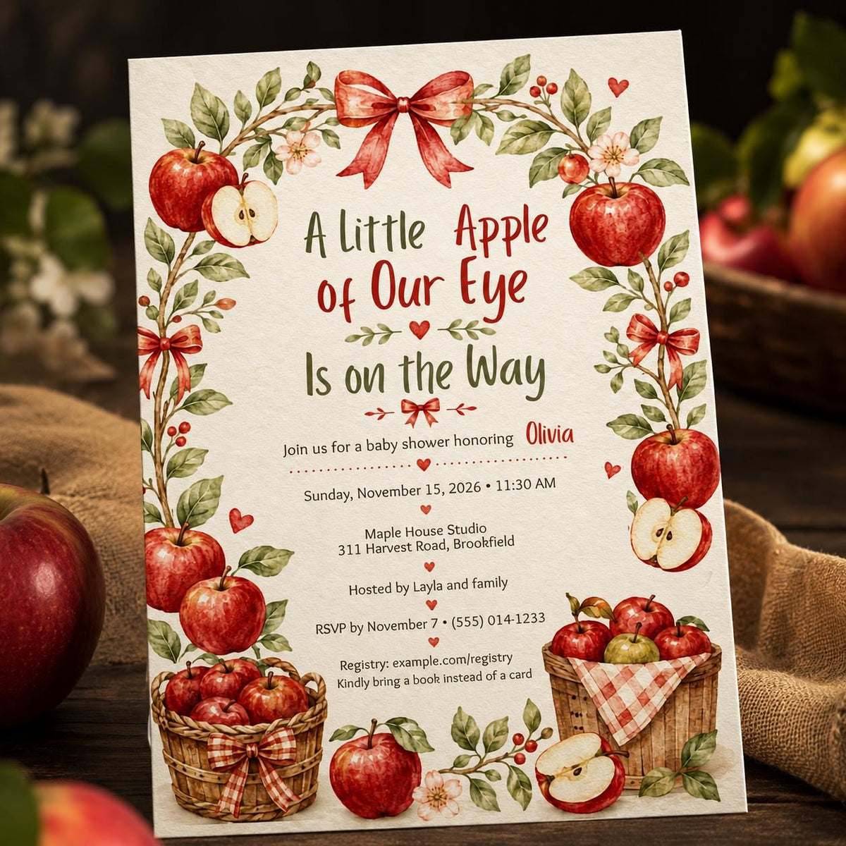 Red and Neutral Apple Baby Shower Invitation — invitation you personalize in Canva