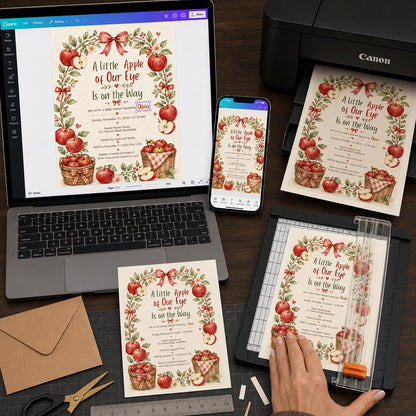 Red and Neutral Apple Baby Shower Invitation — print-ready baby shower design from VoltBy