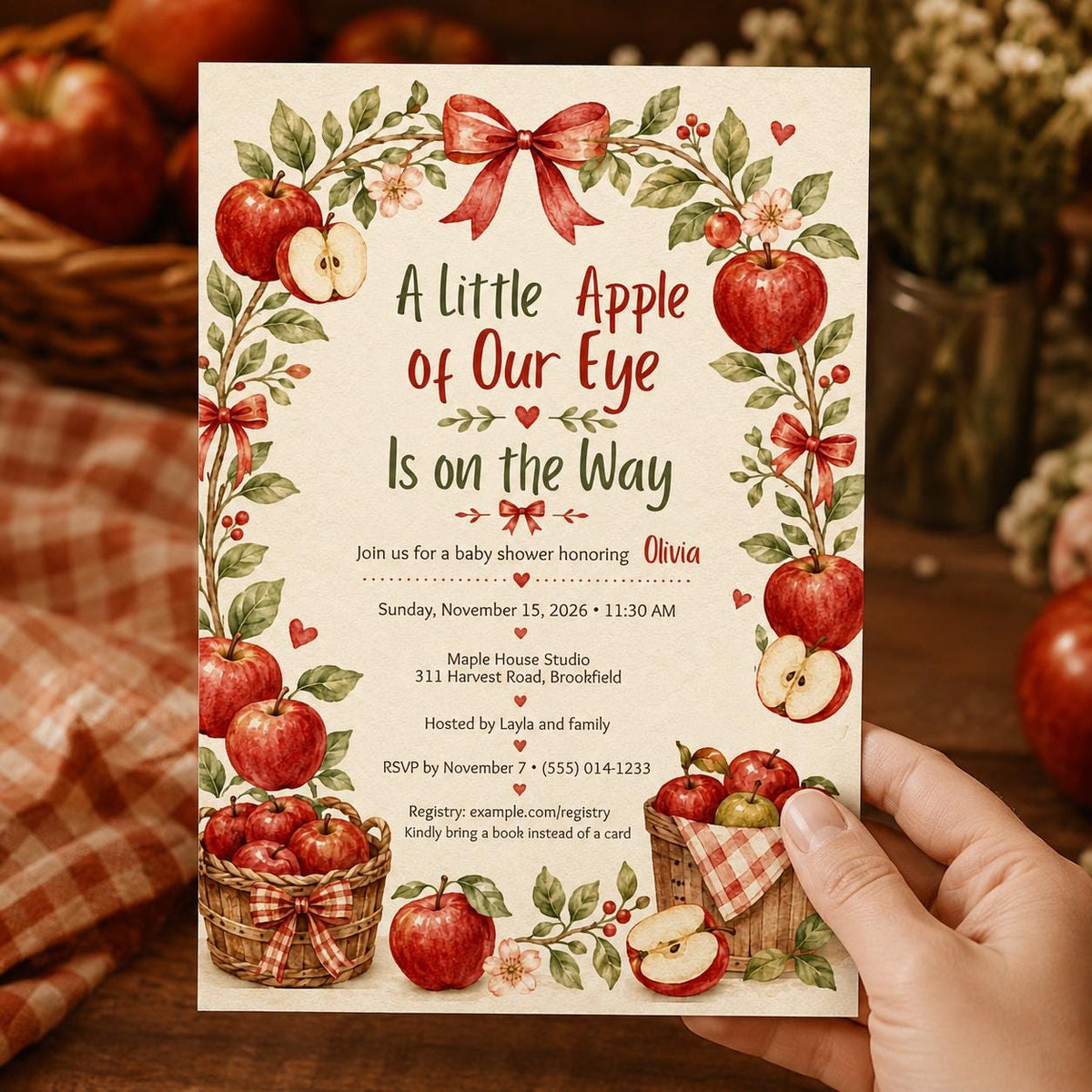 Red and Neutral Apple Baby Shower Invitation — digital invitation, instant download