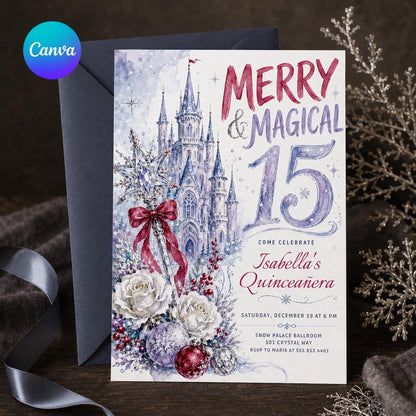 Red and Purple Winter Quinceañera Invitation — editable Canva template