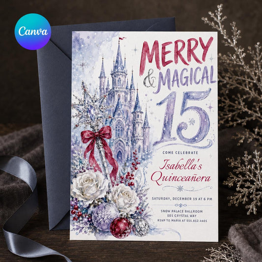 Red and Purple Winter Quinceañera Invitation — editable Canva template
