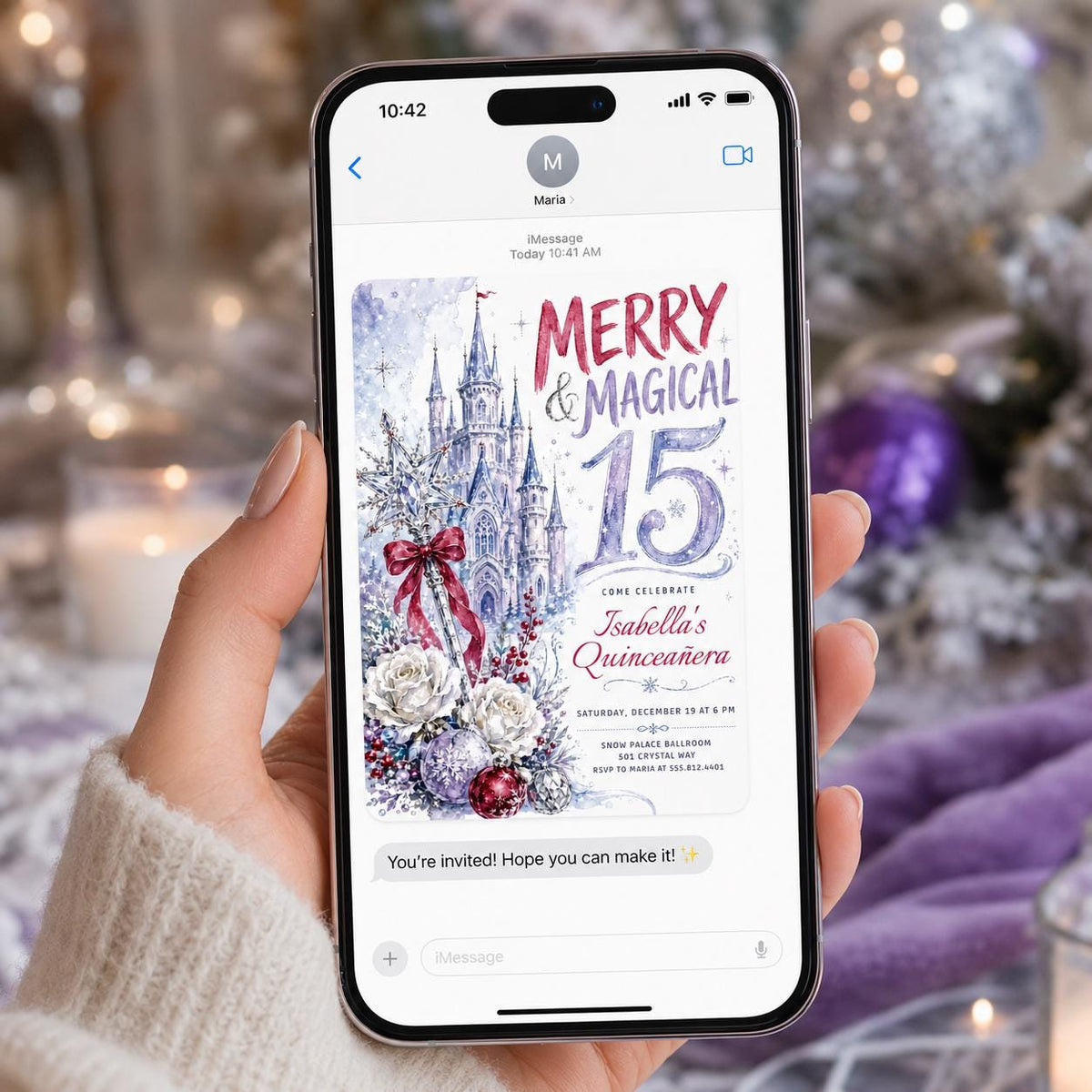 Red and Purple Winter Quinceañera Invitation — castle magic design