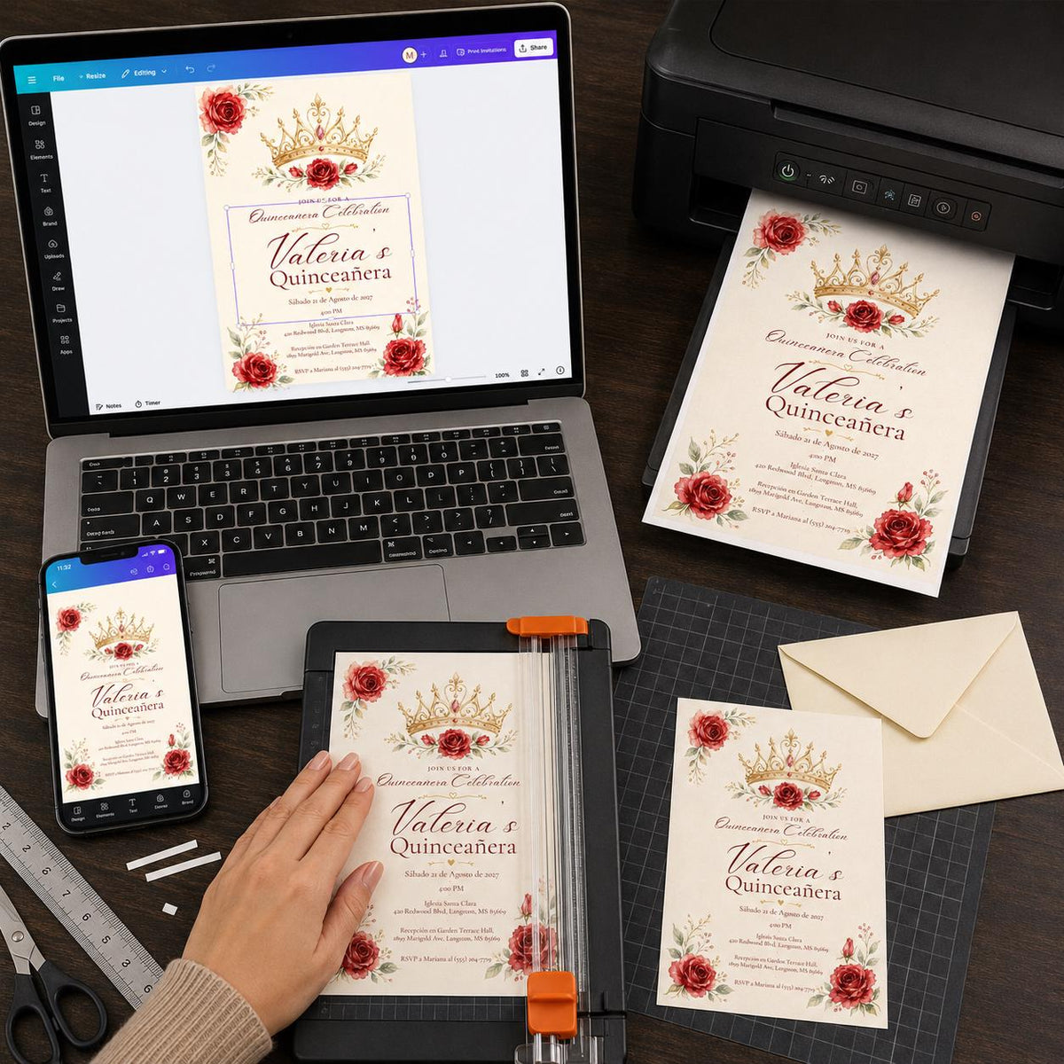 Red and Rose Gold Spanish Quinceañera Invitation — elegant quinceañera design