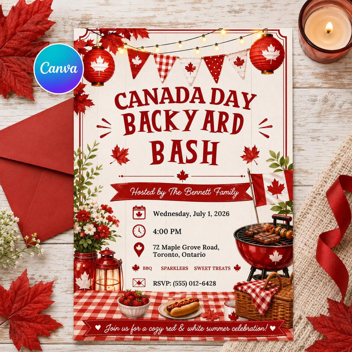 Red and White Canada Day Invitation — editable Canva template