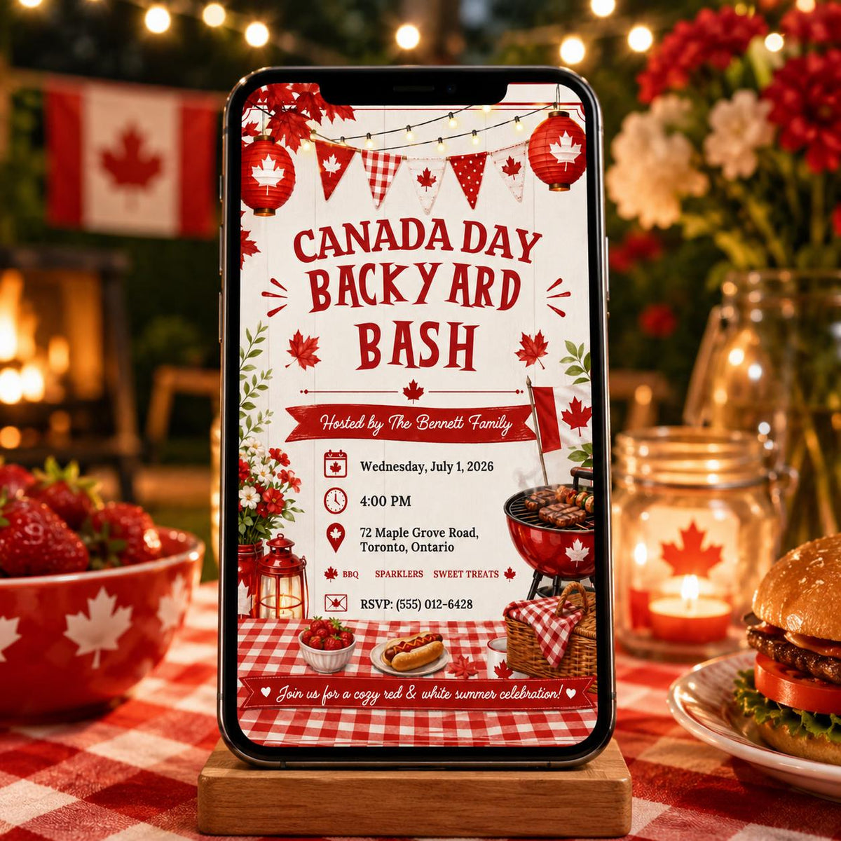 Red and White Canada Day Invitation — invitation you personalize in Canva