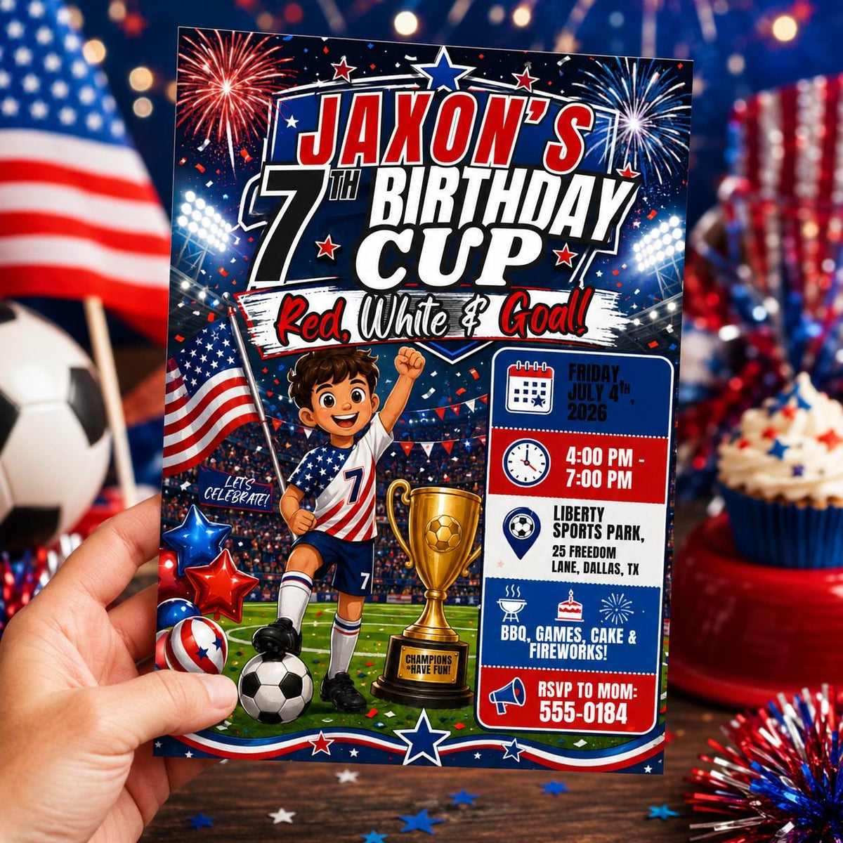 Red and White Patriotic Soccer 7th Birthday Invitation for Boys — BBQ design