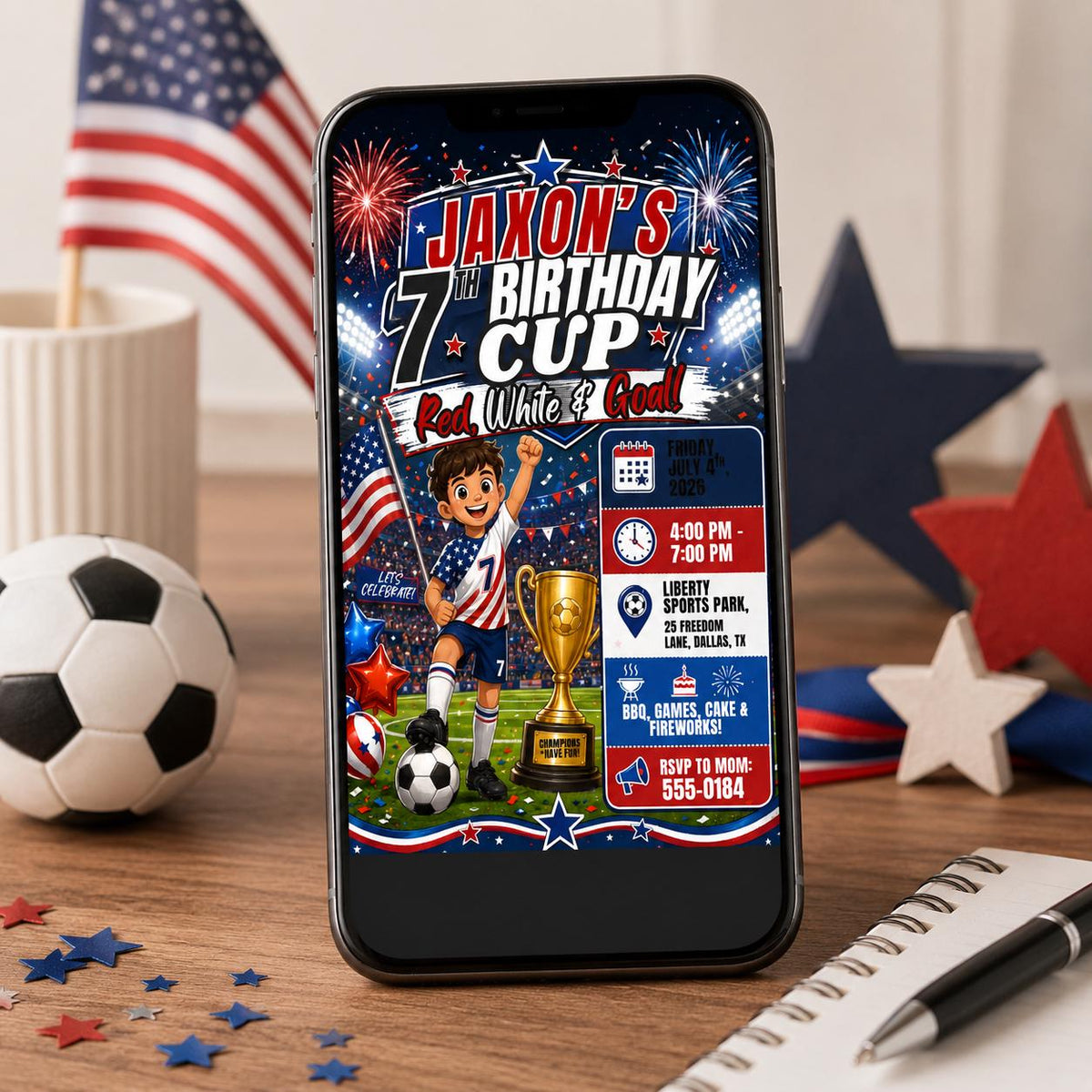 Red and White Patriotic Soccer 7th Birthday Invitation for Boys — invitation you personalize in Canva