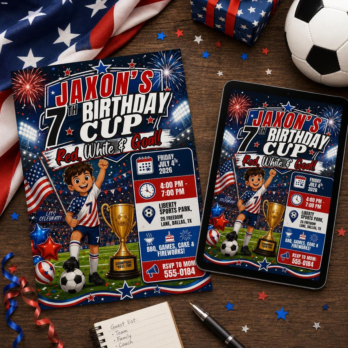 Red and White Patriotic Soccer 7th Birthday Invitation for Boys — print-ready 7th birthday party design from VoltBy