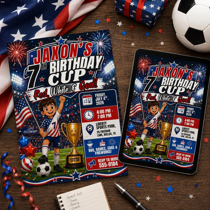 Red and White Patriotic Soccer 7th Birthday Invitation for Boys — print-ready 7th birthday party design from VoltBy