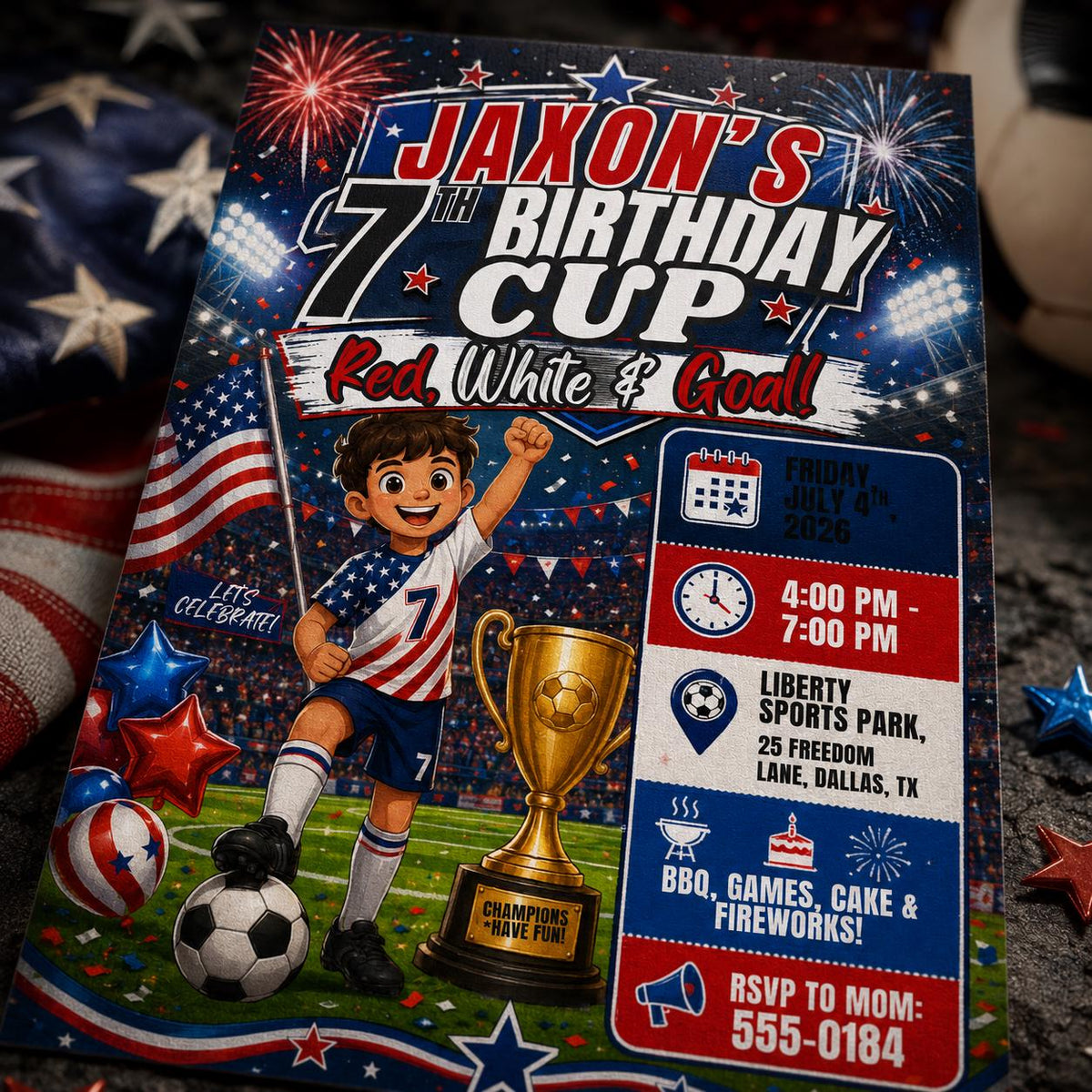 Red and White Patriotic Soccer 7th Birthday Invitation for Boys — digital invitation, instant download