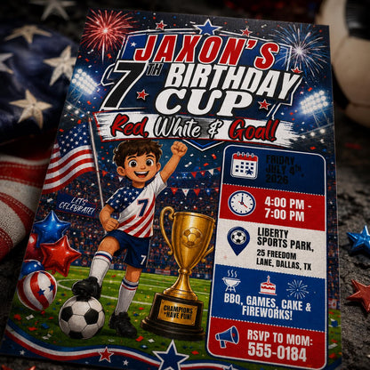 Red and White Patriotic Soccer 7th Birthday Invitation for Boys — digital invitation, instant download