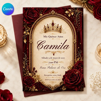 Red Burgundy Quinceañera Invitation — editable Canva template