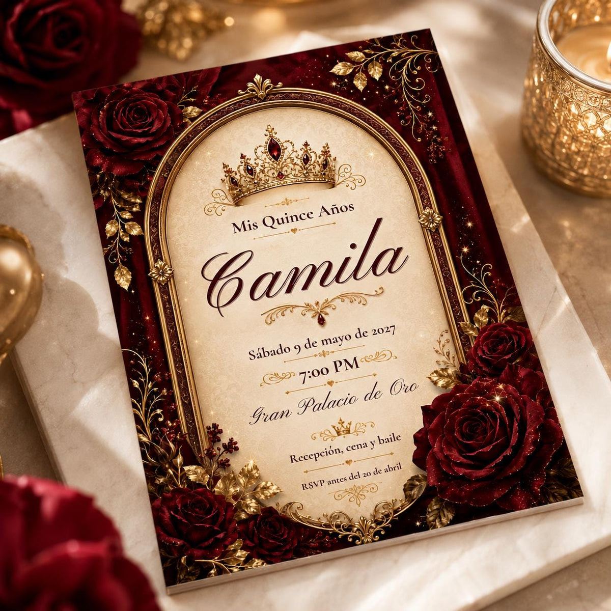Red Burgundy Quinceañera Invitation — print-ready quinceañera design from VoltBy
