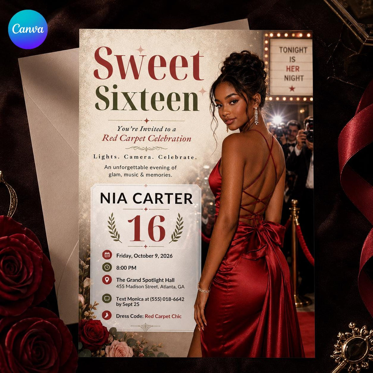 Red Carpet Sweet 16 Invitation — editable Canva template
