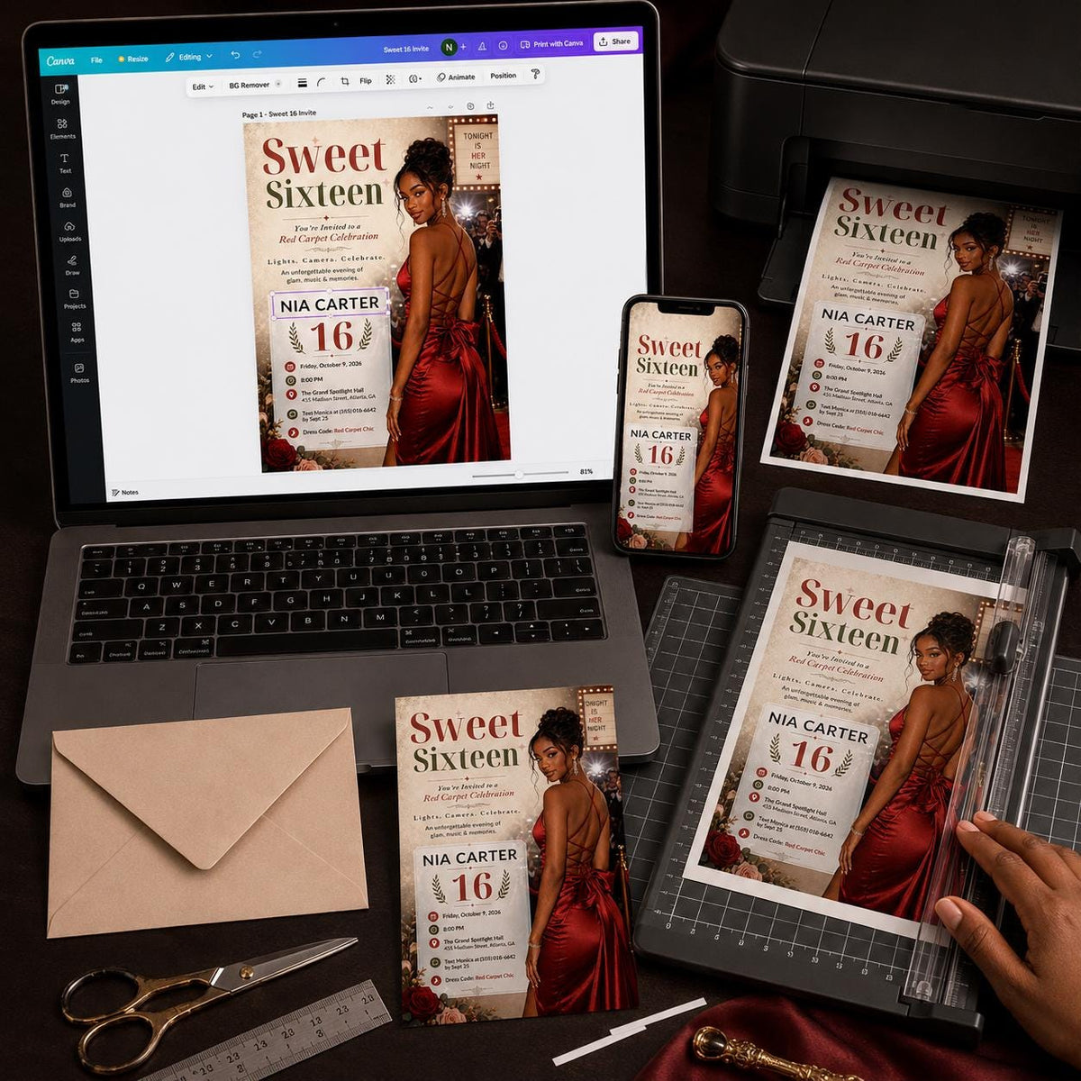 Red Carpet Sweet 16 Invitation — invitation you personalize in Canva