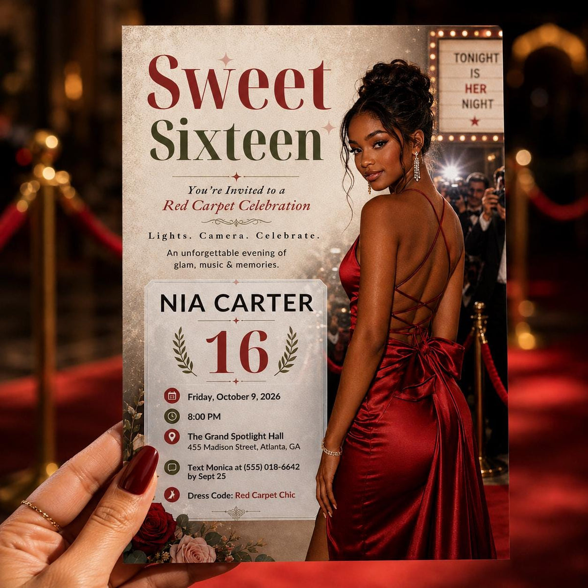 Red Carpet Sweet 16 Invitation — print-ready sweet 16 design from VoltBy