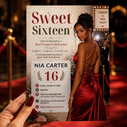Red Carpet Sweet 16 Invitation — print-ready sweet 16 design from VoltBy