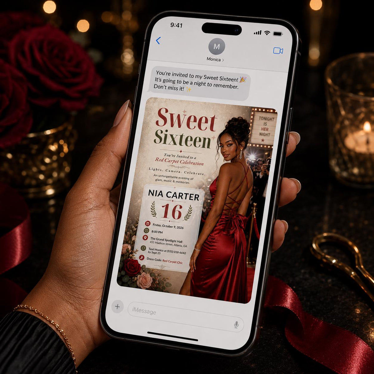 Red Carpet Sweet 16 Invitation — digital invitation, instant download
