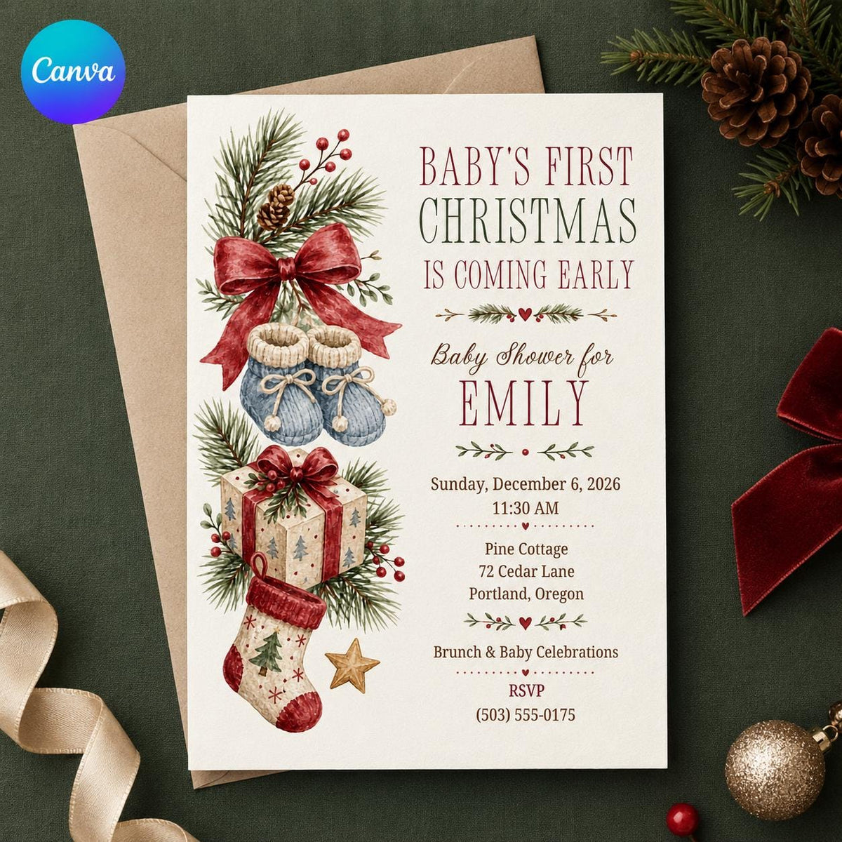 Red Christmas Baby Shower Invitation — editable Canva template