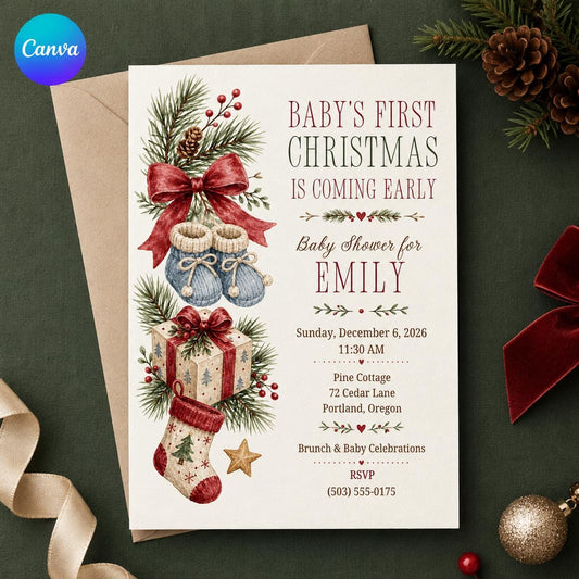Red Christmas Baby Shower Invitation — editable Canva template