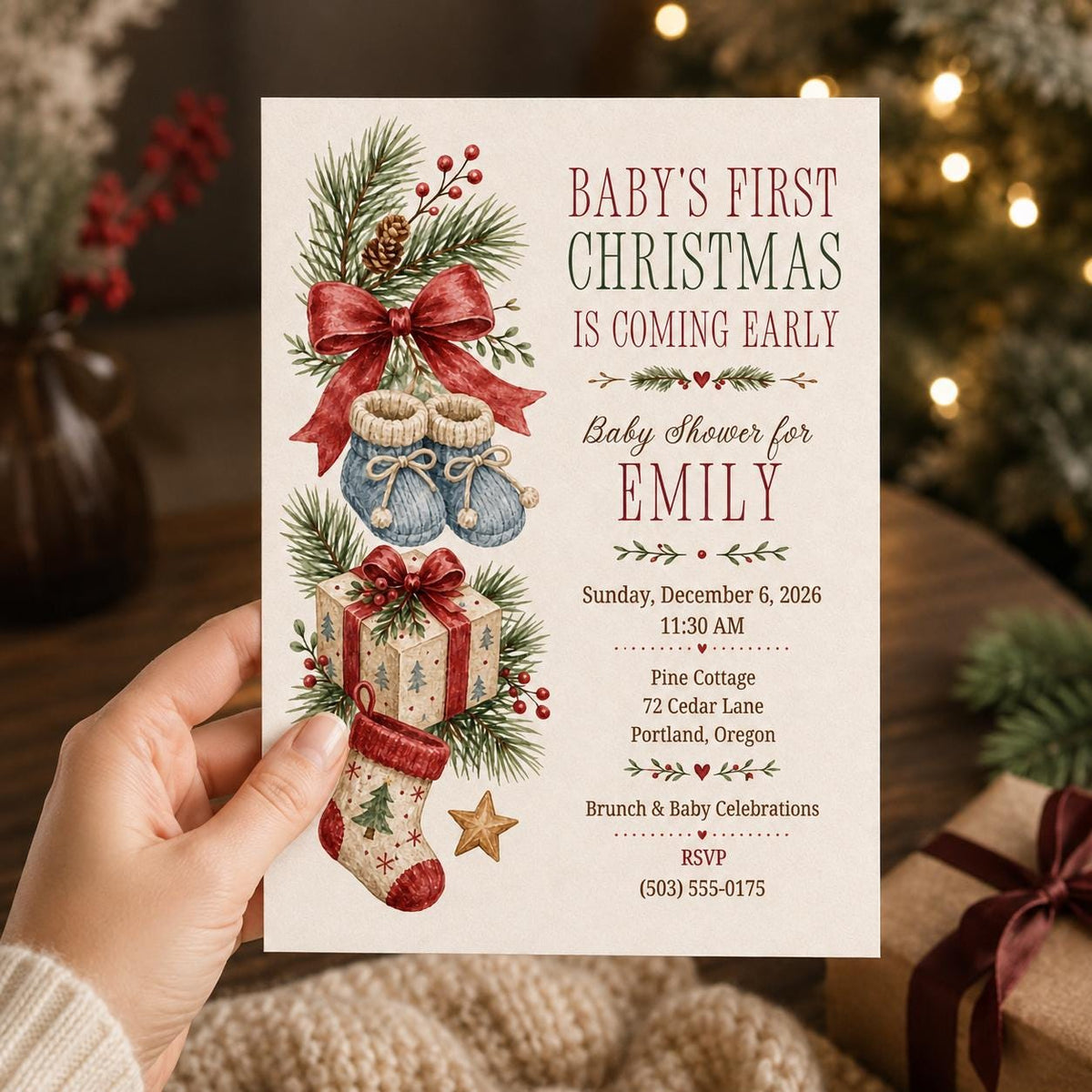 Red Christmas Baby Shower Invitation — print-ready baby shower design from VoltBy