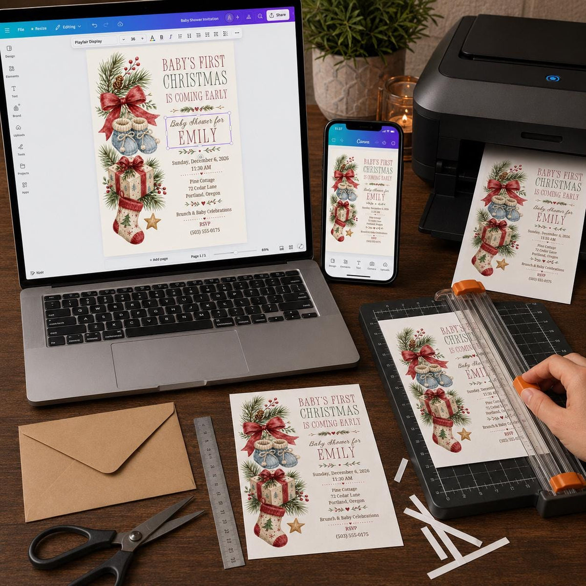 Red Christmas Baby Shower Invitation — digital invitation, instant download