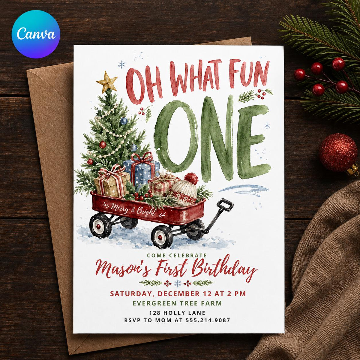 Red Christmas First Birthday Invitation — editable Canva template