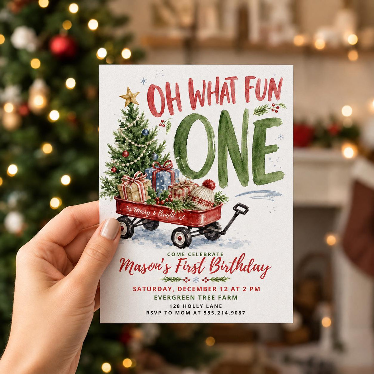 Red Christmas First Birthday Invitation — print-ready first birthday design from VoltBy