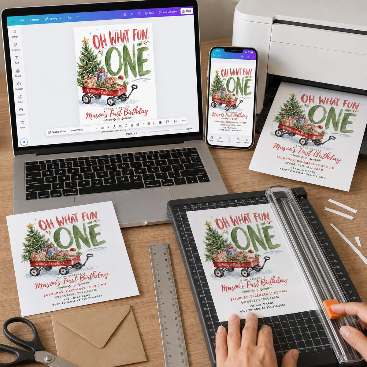 Red Christmas First Birthday Invitation — digital invitation, instant download
