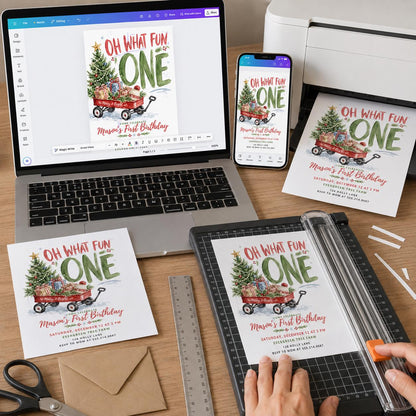 Red Christmas First Birthday Invitation — digital invitation, instant download